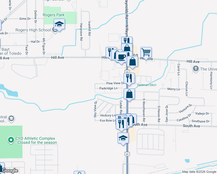 map of restaurants, bars, coffee shops, grocery stores, and more near 300 Parkridge Lane in Toledo
