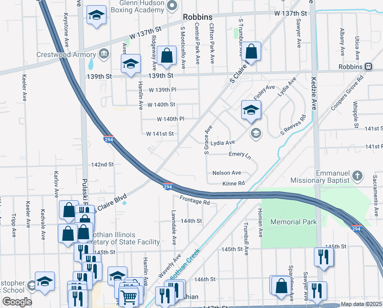 map of restaurants, bars, coffee shops, grocery stores, and more near 14055 South Claire Boulevard in Robbins