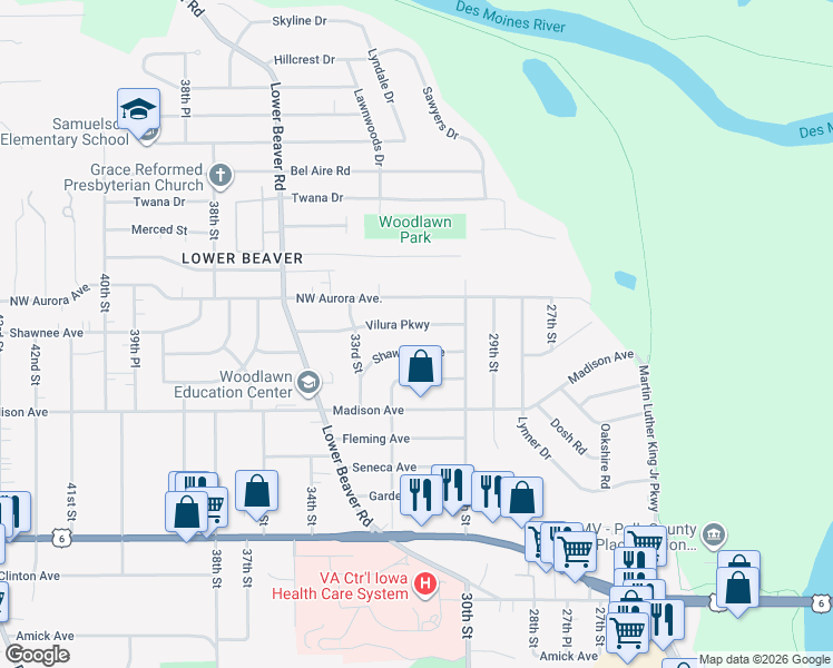 map of restaurants, bars, coffee shops, grocery stores, and more near 3022 Vilura Parkway in Des Moines