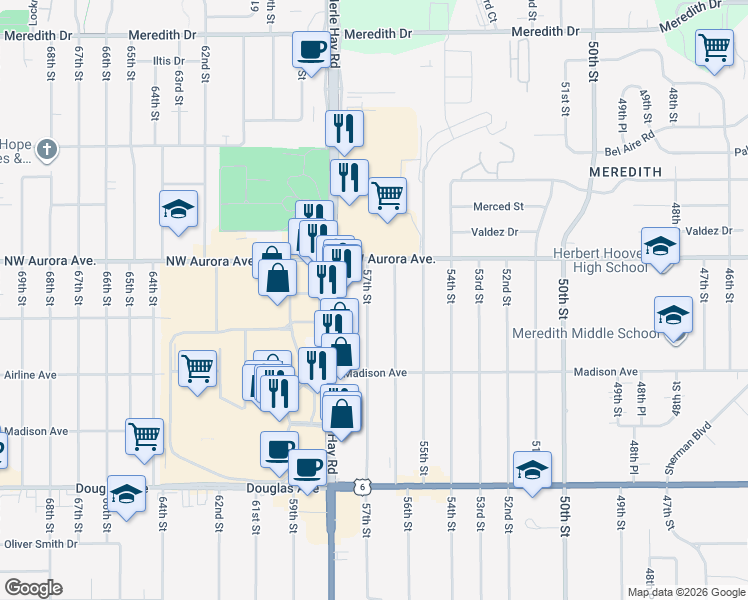 map of restaurants, bars, coffee shops, grocery stores, and more near 4125 57th Street in Des Moines