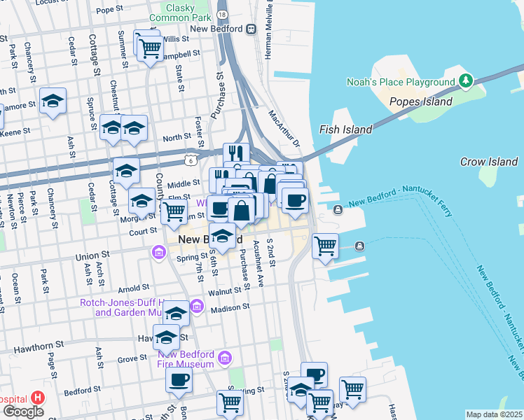 map of restaurants, bars, coffee shops, grocery stores, and more near 37 North 2nd Street in New Bedford