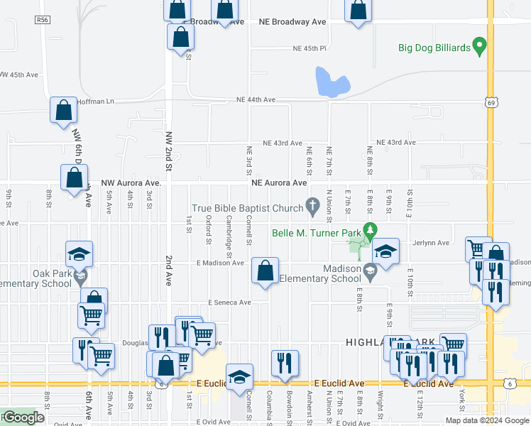map of restaurants, bars, coffee shops, grocery stores, and more near 4110 Columbia Street in Des Moines