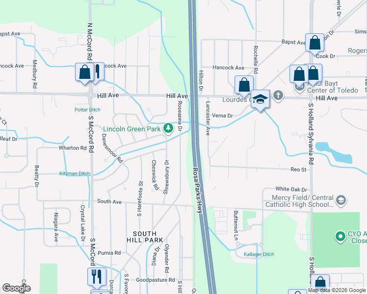 map of restaurants, bars, coffee shops, grocery stores, and more near 215 Roseanna Drive in Toledo