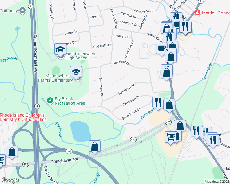 map of restaurants, bars, coffee shops, grocery stores, and more near 25 Hamilton Drive in East Greenwich