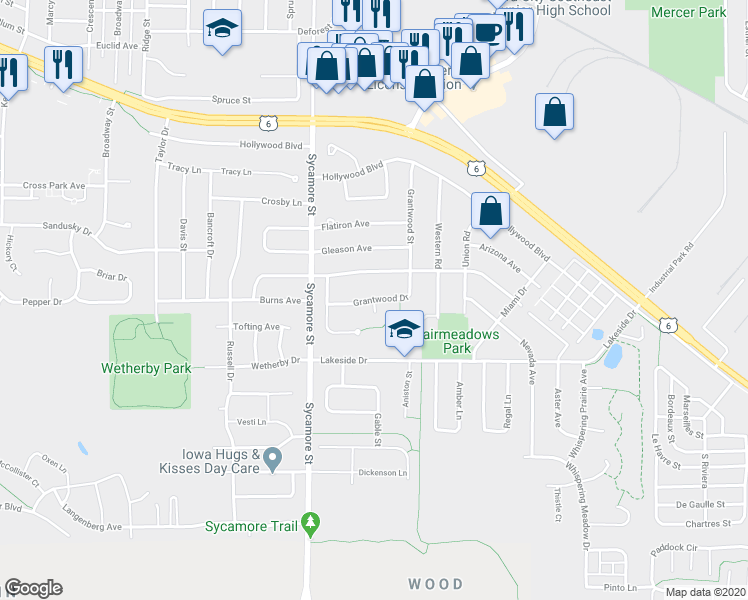 map of restaurants, bars, coffee shops, grocery stores, and more near 1817 Grantwood Drive in Iowa City