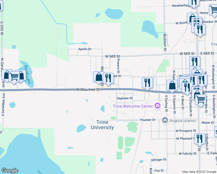map of restaurants, bars, coffee shops, grocery stores, and more near 1100 West Maumee Street in Angola