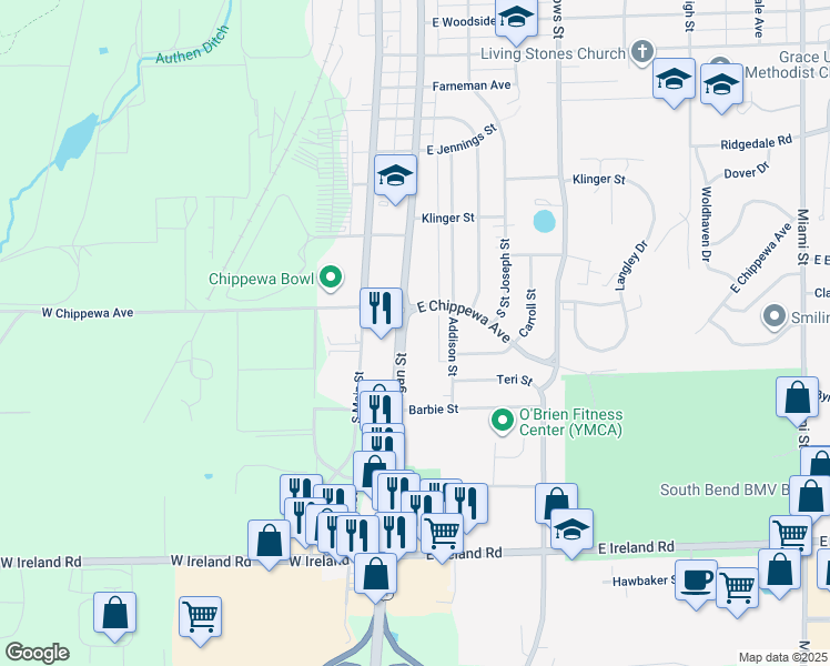map of restaurants, bars, coffee shops, grocery stores, and more near 3820 South Michigan Street in South Bend