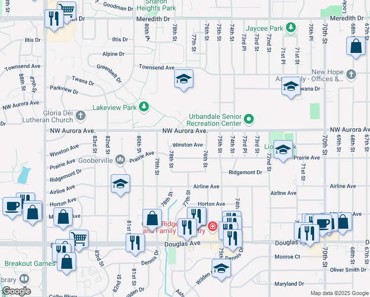 map of restaurants, bars, coffee shops, grocery stores, and more near 7700 Winston Avenue in Urbandale