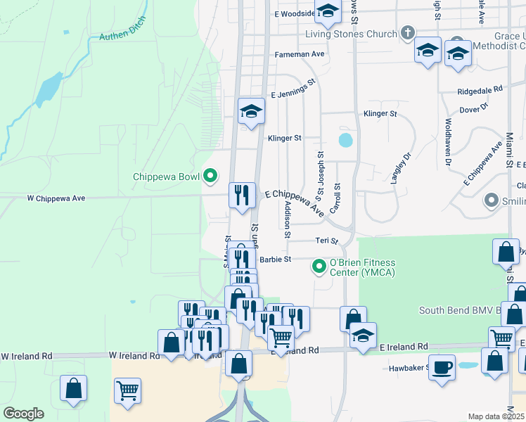 map of restaurants, bars, coffee shops, grocery stores, and more near 3820 South Michigan Street in South Bend