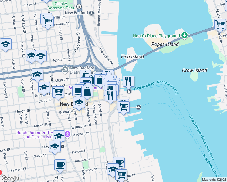 map of restaurants, bars, coffee shops, grocery stores, and more near 13 Centre Street in New Bedford