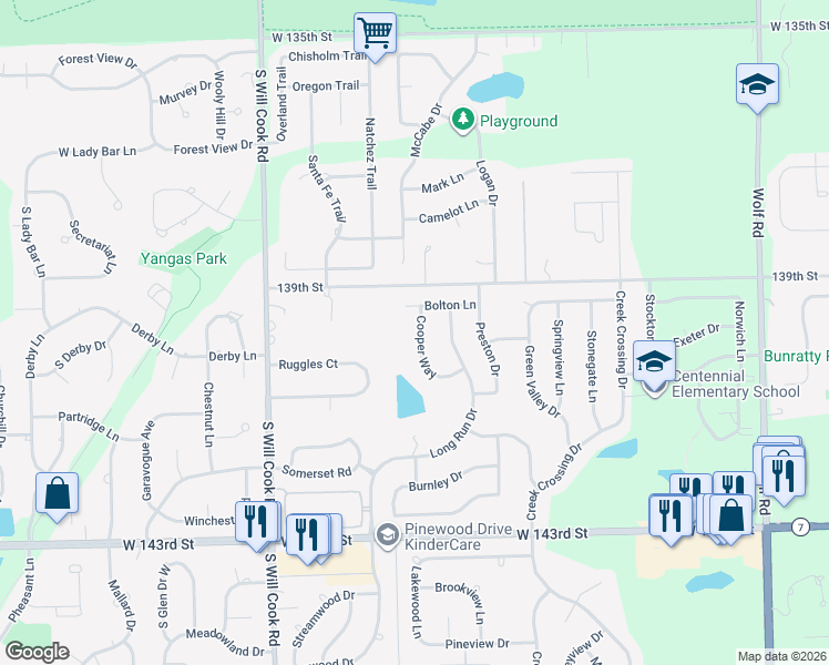 map of restaurants, bars, coffee shops, grocery stores, and more near 13938 Cooper Way in Orland Park
