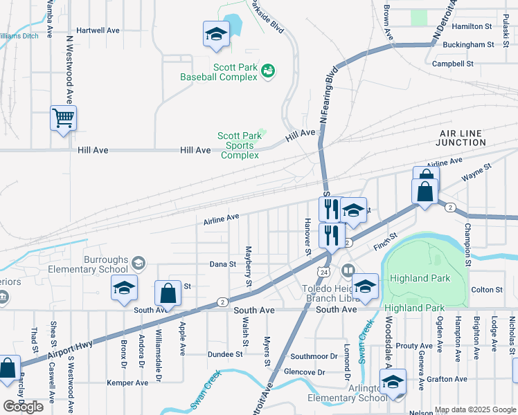 map of restaurants, bars, coffee shops, grocery stores, and more near 2116 Airline Avenue in Toledo