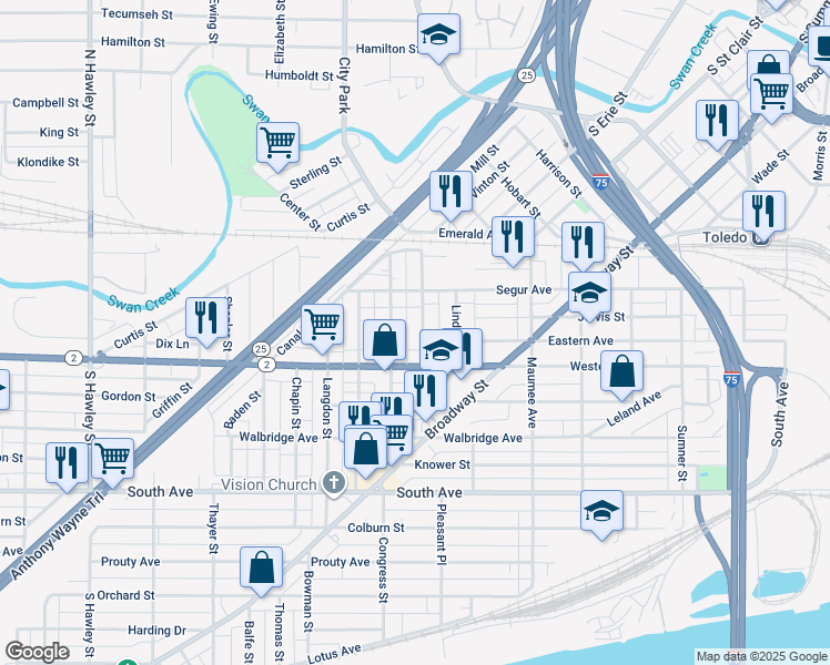 map of restaurants, bars, coffee shops, grocery stores, and more near 244 Field Avenue in Toledo