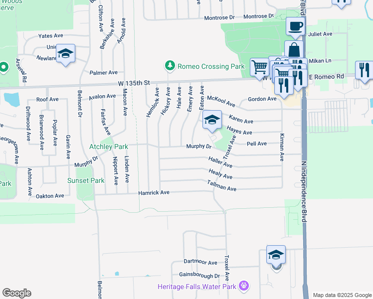 map of restaurants, bars, coffee shops, grocery stores, and more near 405 Murphy Drive in Romeoville