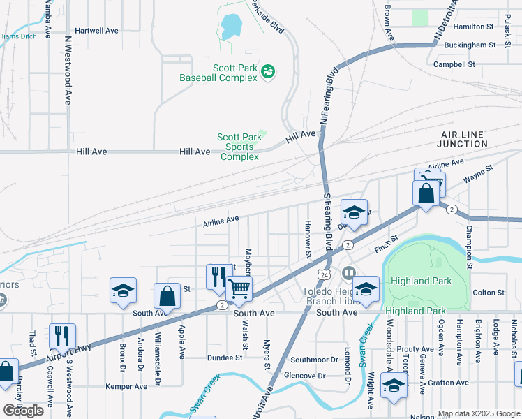 map of restaurants, bars, coffee shops, grocery stores, and more near 2112 Airline Avenue in Toledo