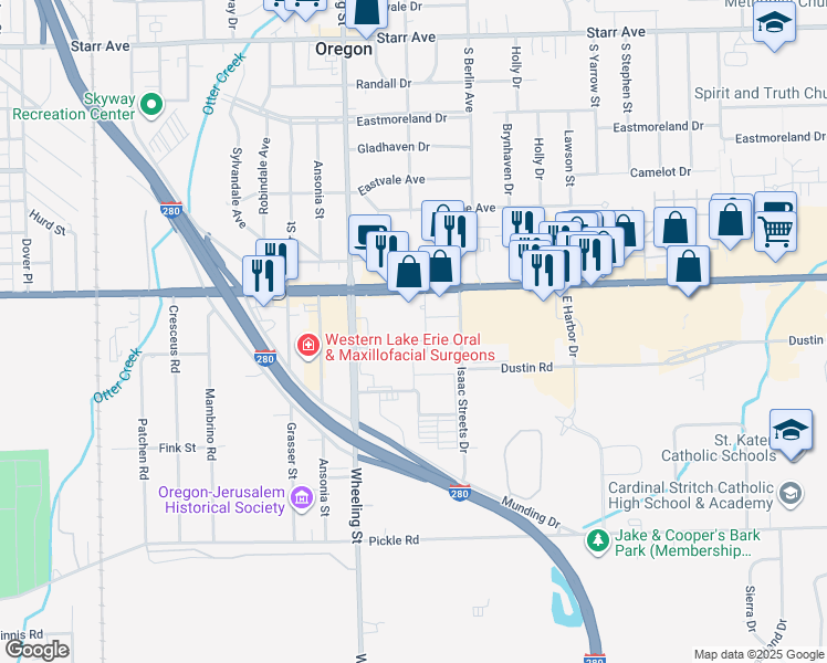 map of restaurants, bars, coffee shops, grocery stores, and more near 2600 Navarre Avenue in Oregon