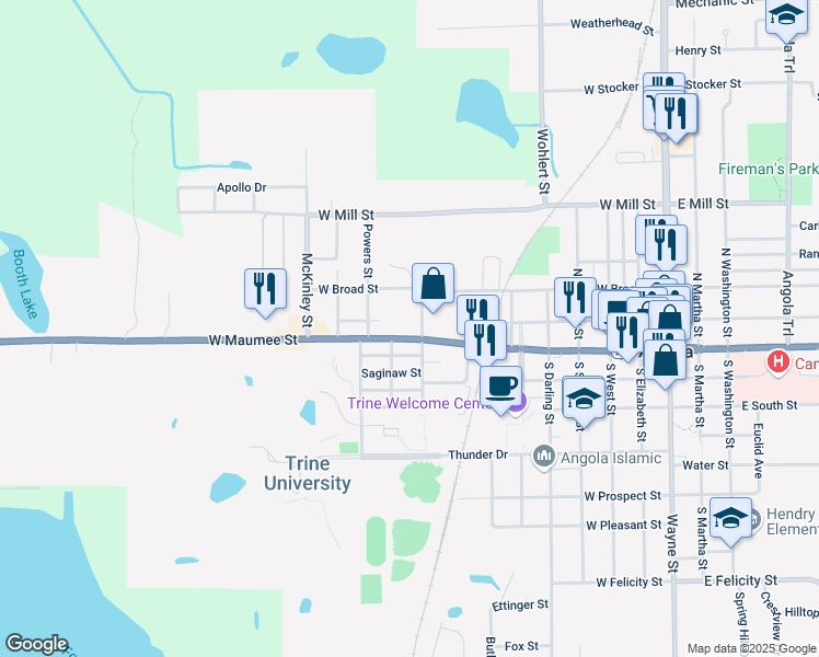 map of restaurants, bars, coffee shops, grocery stores, and more near 808 West Maumee Street in Angola