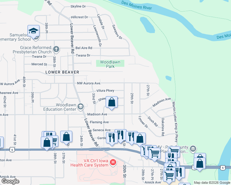 map of restaurants, bars, coffee shops, grocery stores, and more near 3022 Vilura Parkway in Des Moines