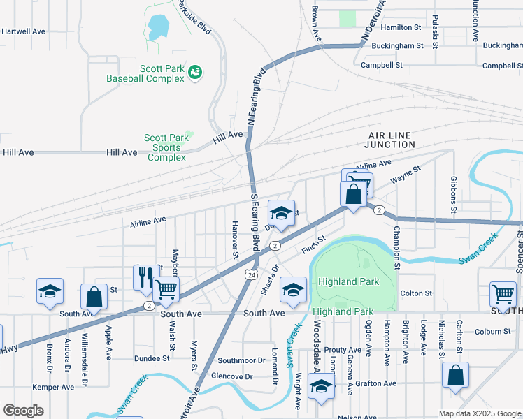 map of restaurants, bars, coffee shops, grocery stores, and more near 219 South Fearing Boulevard in Toledo