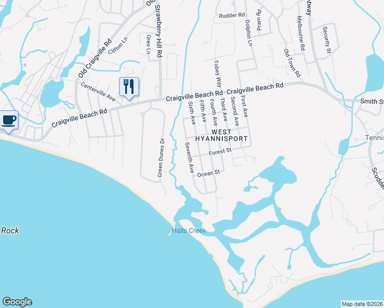 map of restaurants, bars, coffee shops, grocery stores, and more near 130 7th Avenue in Barnstable