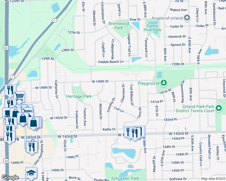 map of restaurants, bars, coffee shops, grocery stores, and more near 14022 Timothy Drive in Orland Park