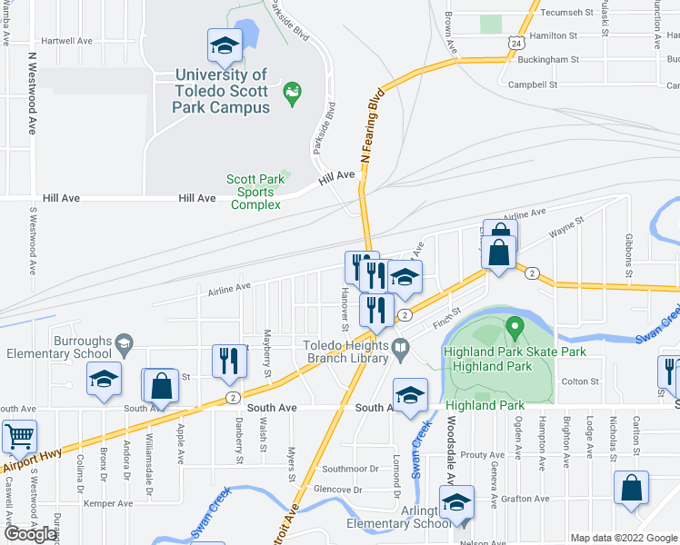 map of restaurants, bars, coffee shops, grocery stores, and more near 214 Hanover Street in Toledo