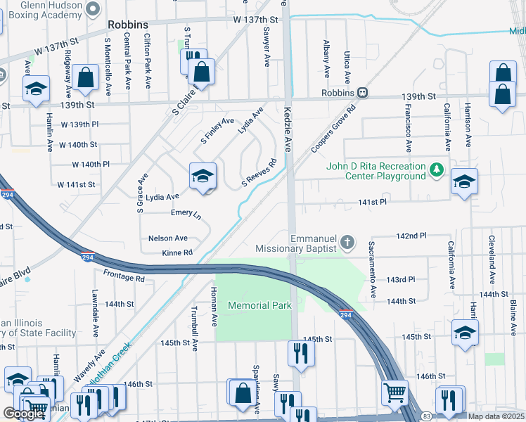 map of restaurants, bars, coffee shops, grocery stores, and more near 14110 Turner Avenue in Robbins