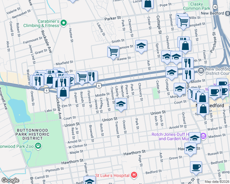 map of restaurants, bars, coffee shops, grocery stores, and more near 477 Middle Street in New Bedford