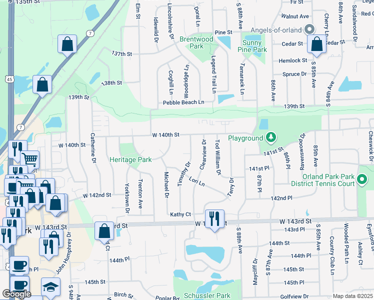 map of restaurants, bars, coffee shops, grocery stores, and more near 14022 Timothy Drive in Orland Park