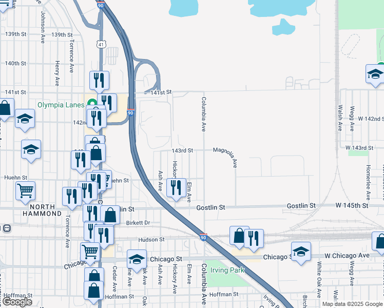 map of restaurants, bars, coffee shops, grocery stores, and more near 4305 Elm Avenue in Hammond