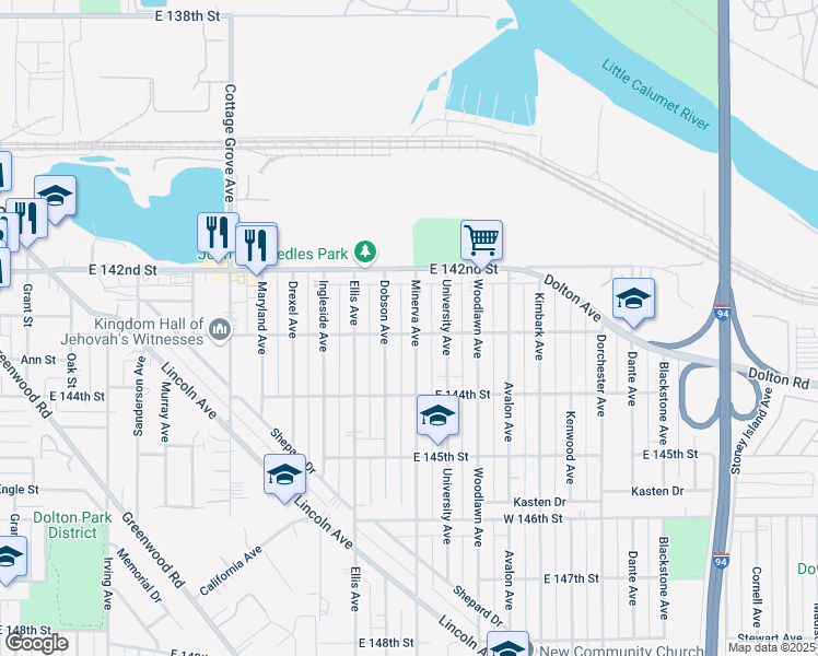 map of restaurants, bars, coffee shops, grocery stores, and more near 14248 Minerva Avenue in Dolton