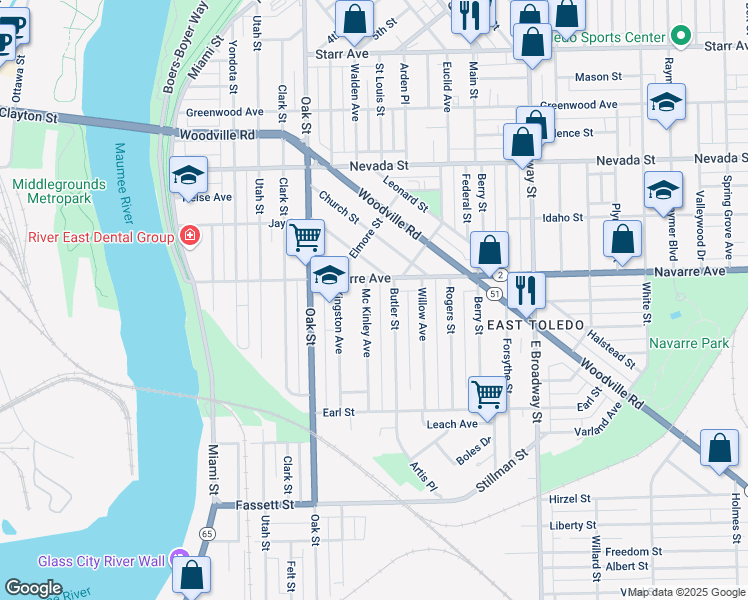 map of restaurants, bars, coffee shops, grocery stores, and more near 822 Mc Kinley Avenue in Toledo