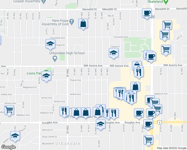 map of restaurants, bars, coffee shops, grocery stores, and more near 4110 66th St in Urbandale