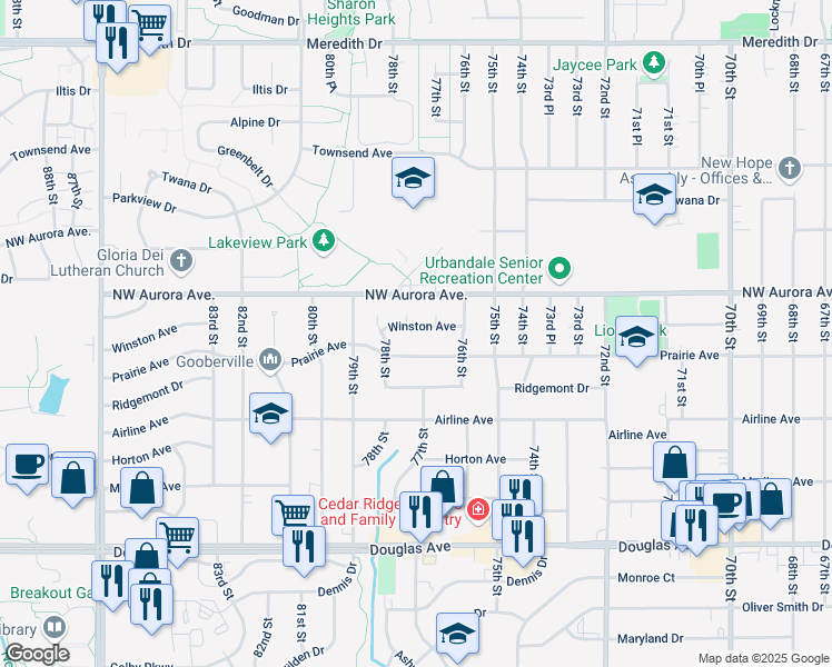 map of restaurants, bars, coffee shops, grocery stores, and more near 7700 Winston Avenue in Urbandale