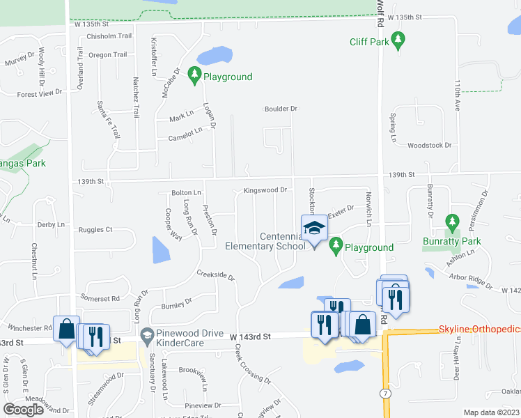 map of restaurants, bars, coffee shops, grocery stores, and more near 13951 Springview Lane in Orland Park