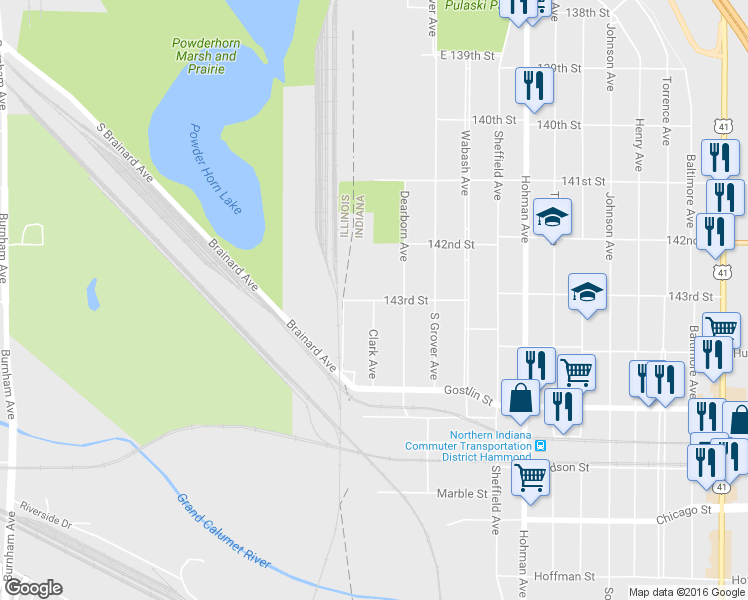 map of restaurants, bars, coffee shops, grocery stores, and more near 65 143rd Street in Hammond