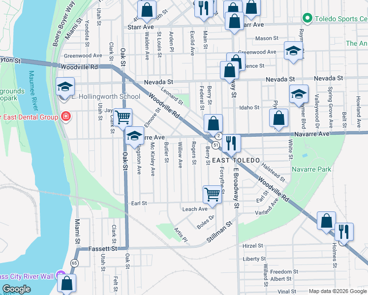 map of restaurants, bars, coffee shops, grocery stores, and more near 827 Willow Ave in Toledo