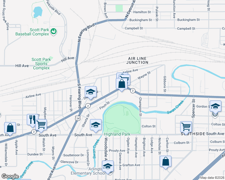 map of restaurants, bars, coffee shops, grocery stores, and more near 1746 Airport Highway in Toledo