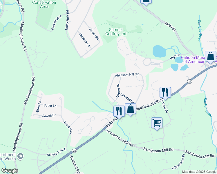 map of restaurants, bars, coffee shops, grocery stores, and more near 302 Pheasant Hill Circle in Mashpee