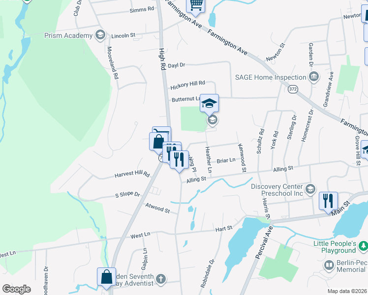 map of restaurants, bars, coffee shops, grocery stores, and more near 17 Gladding Place in Berlin
