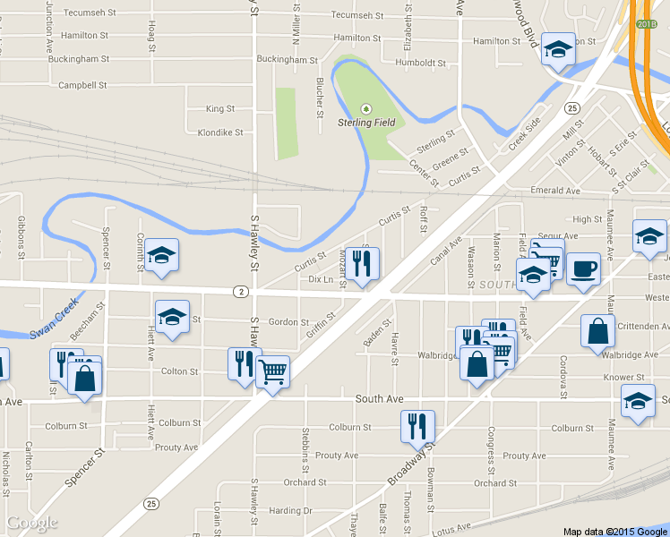 map of restaurants, bars, coffee shops, grocery stores, and more near 242 Mozart St in Toledo