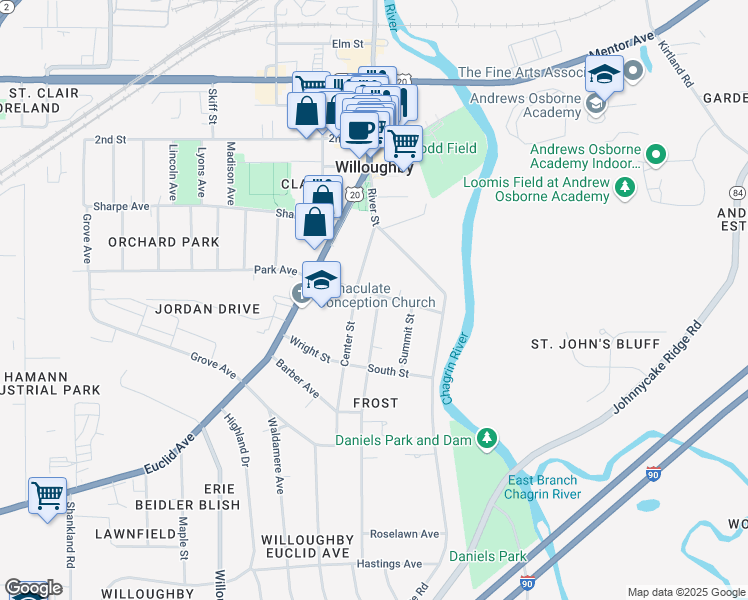 map of restaurants, bars, coffee shops, grocery stores, and more near 38162 Wilson Avenue in Willoughby