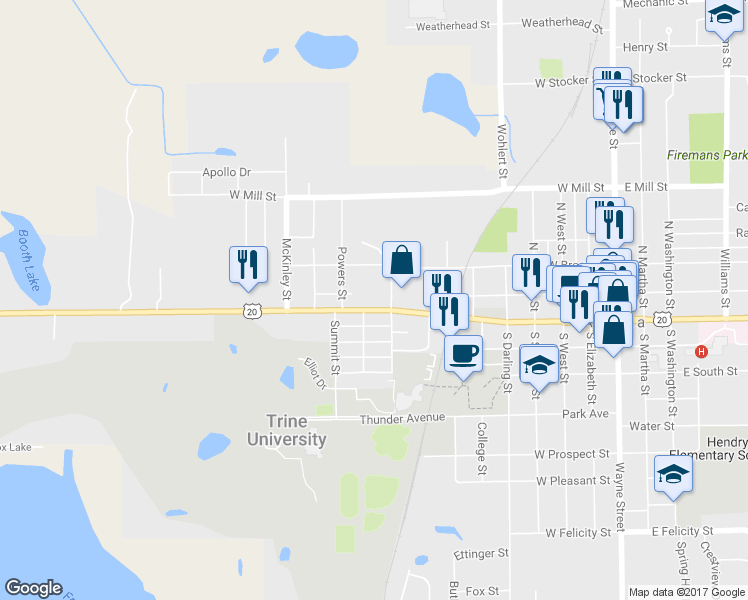 map of restaurants, bars, coffee shops, grocery stores, and more near 808 W Maumee St in Angola