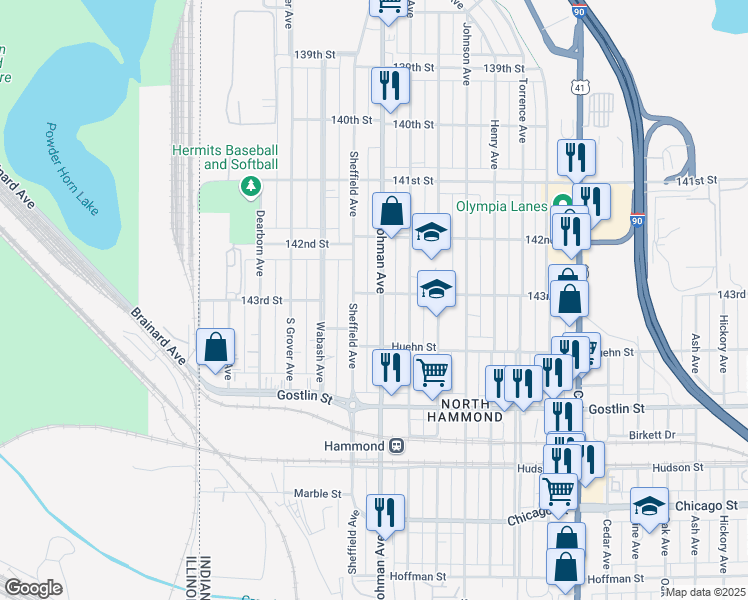 map of restaurants, bars, coffee shops, grocery stores, and more near 4306 Hohman Avenue in Hammond