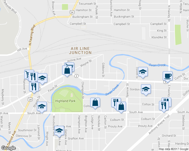 map of restaurants, bars, coffee shops, grocery stores, and more near 210 Dale Street in Toledo