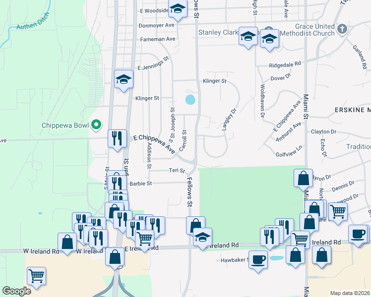 map of restaurants, bars, coffee shops, grocery stores, and more near 3904 Carroll Street in South Bend