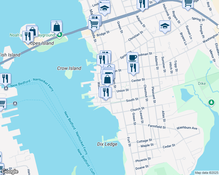 map of restaurants, bars, coffee shops, grocery stores, and more near 36 Main Street in Fairhaven