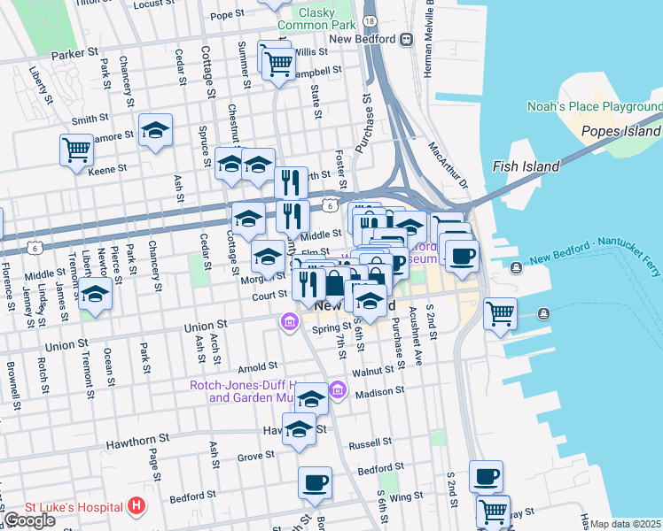 map of restaurants, bars, coffee shops, grocery stores, and more near 64 Mechanics Lane in New Bedford
