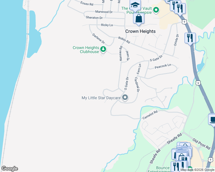 map of restaurants, bars, coffee shops, grocery stores, and more near 23 Mockingbird Lane in Poughkeepsie