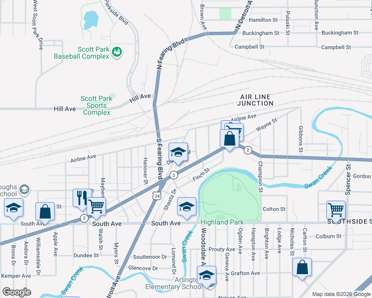 map of restaurants, bars, coffee shops, grocery stores, and more near 150 South Detroit Avenue in Toledo